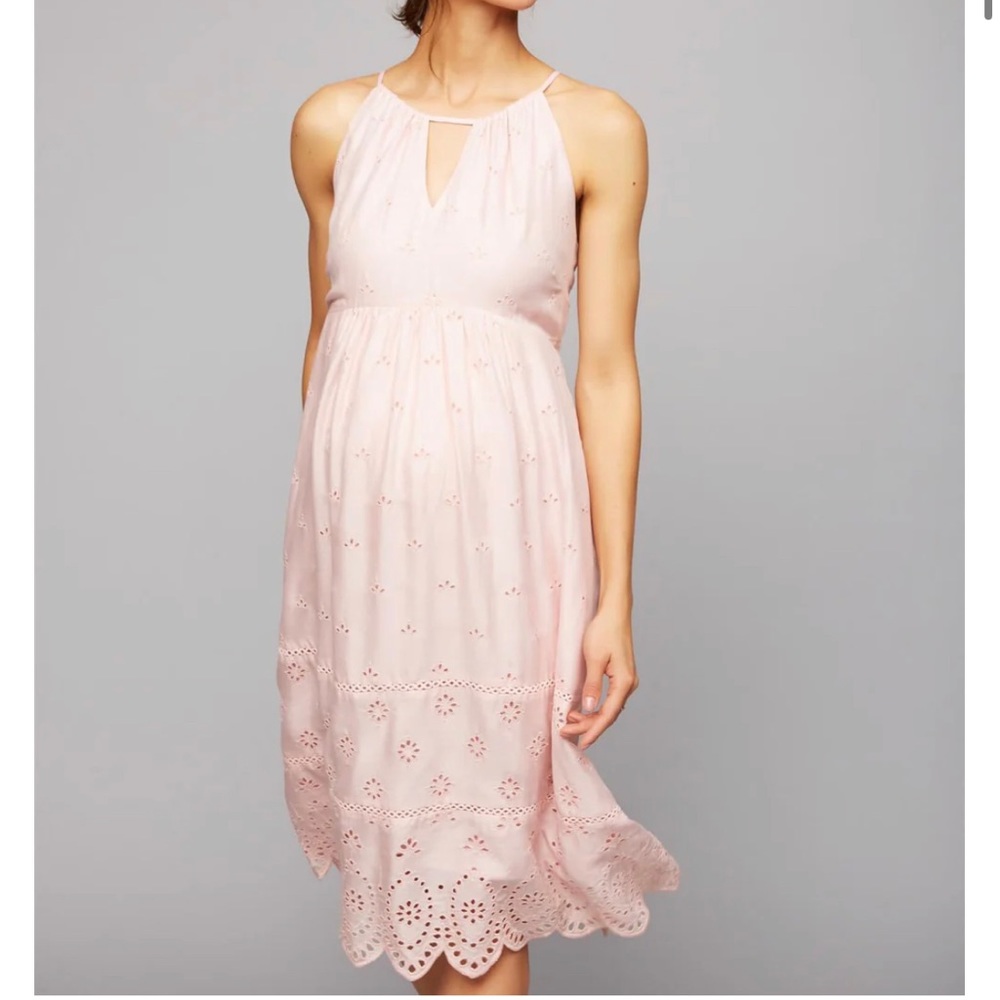 LED (Luxe Essentials Denim) Light Baby Pink Eyelet Halter Midi Maternity Dress
